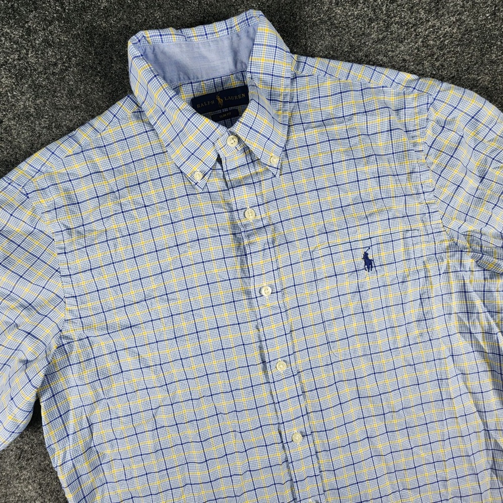Ralph Lauren Slim Fit Button Down Mens L‎ Blue Yellow Plaid Short Sleeve Shirt